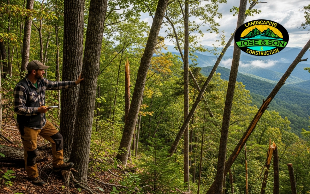 Expert checking tree hazards on mountain properties in NC on a steep slope