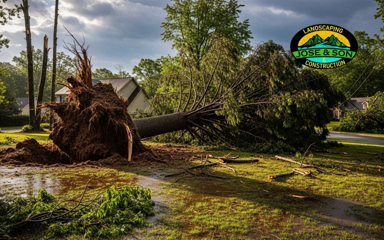 Storm tree damage in Spruce Pine NC yard after heavy rain
