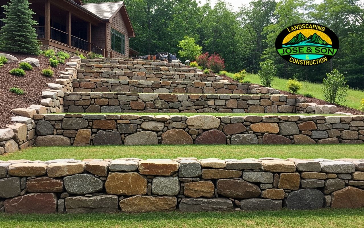 Natural stone retaining wall ideas for mountain homes with terraced garden levels