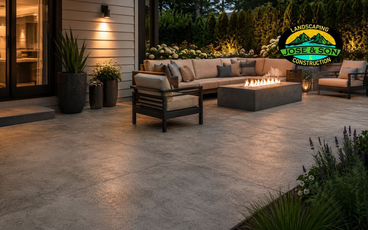 Concrete finishes for patios creating a warm backyard seating area