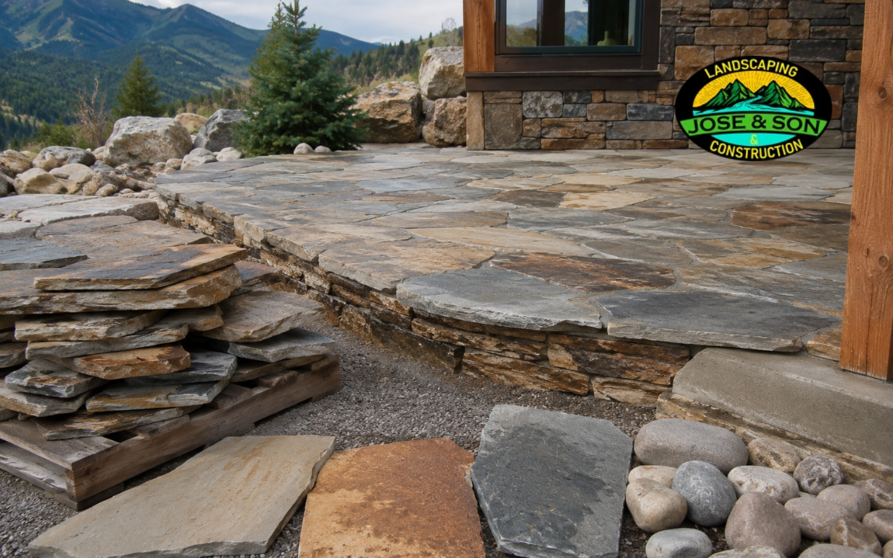 Hardscape materials for mountain homes used in a natural stone patio