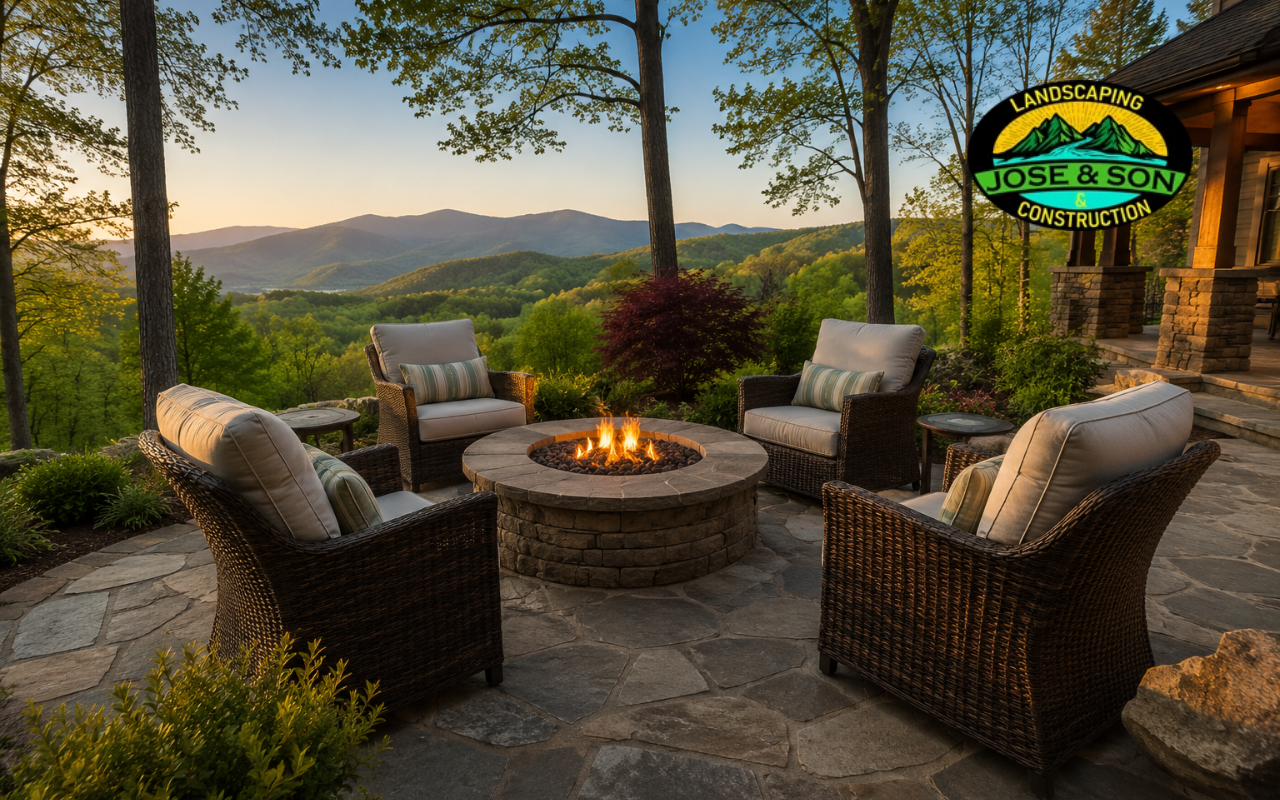 Outdoor living spaces in Spruce Pine, NC with a stone patio and comfortable seating