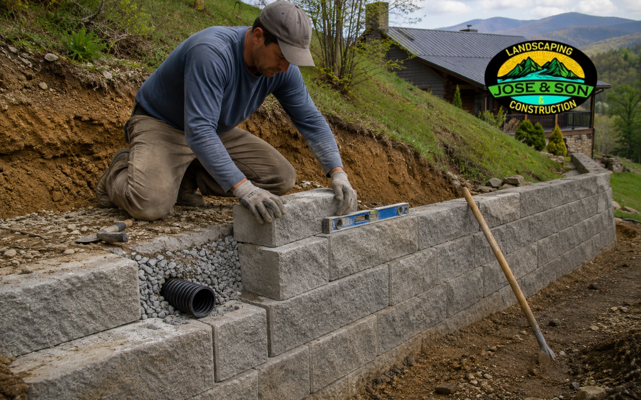 Retaining wall repair in Spruce Pine, NC for a sloped yard