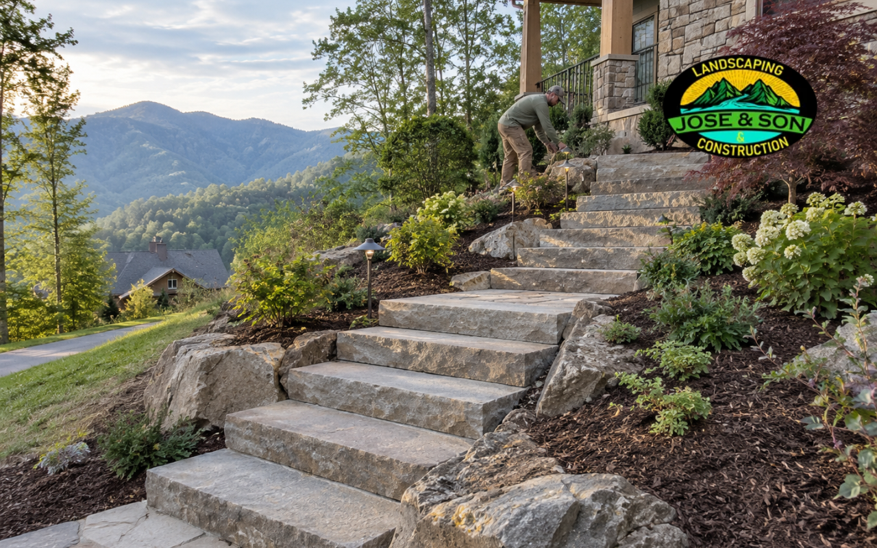 Outdoor steps installation in Spruce Pine, NC for a sloped residential yard